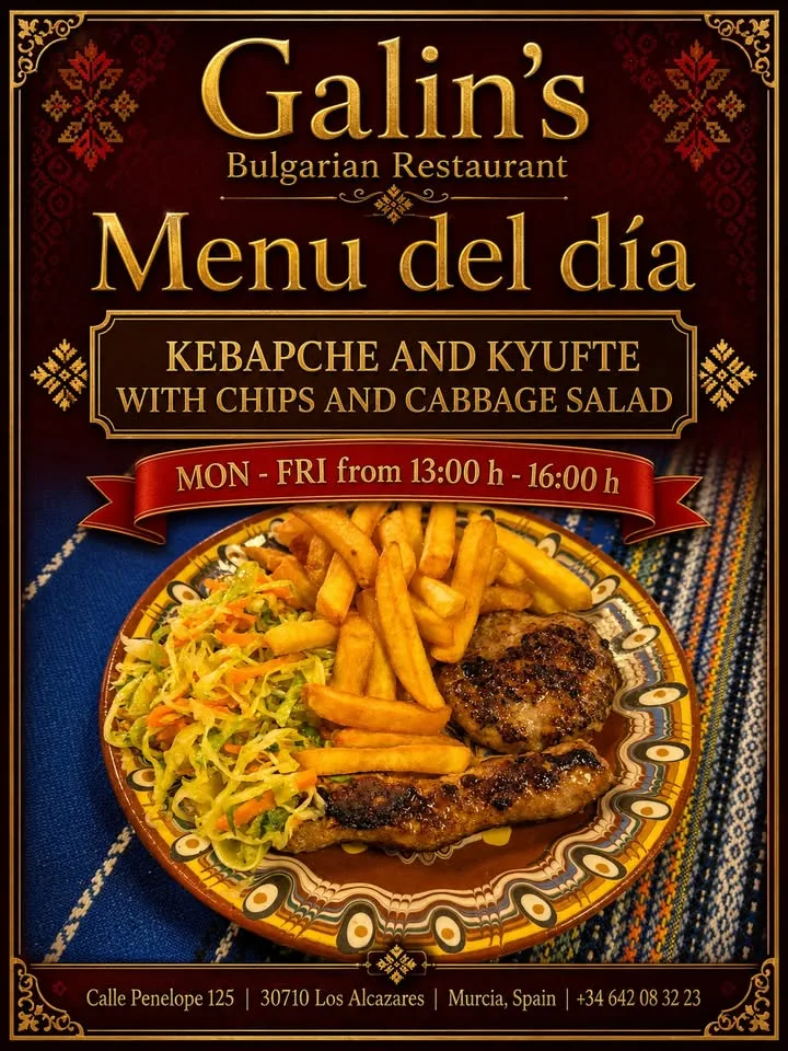 🔥 Kebapche and kyufte with chips and cabbage salad – Bulgarian taste in our Menu del día!
